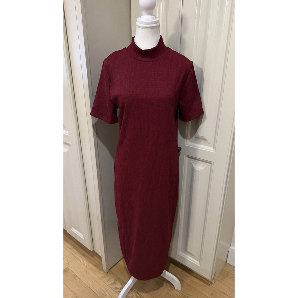 SHEIN Burgundy Textured Mock Neck Midi Dress Short Sleeve Ribbed‎ Bodycon XL